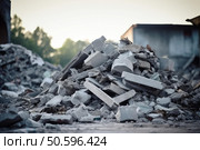 Pile of concrete debris from building demolition at construction site. Стоковое AI-изображение, AI-художник Иван Рябоконь / Фотобанк Лори