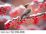 Bohemian waxwing perching on snowy branch with red berries in winter. Стоковое AI-изображение, AI-художник Иван Рябоконь / Фотобанк Лори