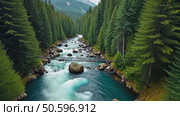 Incredible and adventure inspiring aerial drone shot of adrenaline seeking and exploring above mountain river surrounding dense forest. Стоковое AI-видео, аниматор Sergey Grishin / Фотобанк Лори