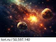 Planets and asteroids orbiting a spiral galaxy with bright orange core. Стоковое AI-изображение, AI-художник Иван Рябоконь / Фотобанк Лори