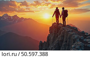Amazing and inspiring romantic sunset over high mountains. Two people hike and camp, walk on crest edge of mountain peak, reaching goal or finish line. Motivation concept. Стоковое AI-видео, аниматор Sergey Grishin / Фотобанк Лори