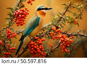 Colorful bird perching on branch with red berries. Стоковое AI-изображение, AI-художник Иван Рябоконь / Фотобанк Лори