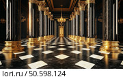 Elegantly designed palace black hall with marble floor and golden columns. Стоковое AI-изображение, AI-художник Михаил Коханчиков / Фотобанк Лори