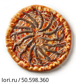 Delicious pizza with sprats, onions and melted cheese on white background. Стоковое AI-изображение, AI-художник Иван Рябоконь / Фотобанк Лори