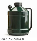 Green plastic jerrycan with double cap and handle standing on white background. Стоковое AI-изображение, AI-художник Иван Рябоконь / Фотобанк Лори
