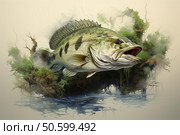 Largemouth bass emerging from swampy waters. Стоковое AI-изображение, AI-художник Иван Рябоконь / Фотобанк Лори