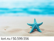 Turquoise starfish resting on the beach with ocean waves in background. Стоковое AI-изображение, AI-художник Иван Рябоконь / Фотобанк Лори