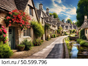 Picturesque english village with blooming flowers and cobblestone street in cotswolds. Стоковое AI-изображение, AI-художник Иван Рябоконь / Фотобанк Лори