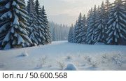 A snowy landscape with tree branches covered in snow, snowy mountains in the background, soft muted light, frontal view. Стоковое AI-видео, аниматор Sergey Grishin / Фотобанк Лори