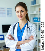 Young female doctor therapist in her office at the clinic. Healthcare and medicine. Стоковое AI-изображение, AI-художник Сергей Елизарьев / Фотобанк Лори