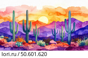 Watercolor desert landscape with tall cacti and a vibrant sky symbolizing resilience, western nature, and spiritual solitude in places like Arizona or Sonora. Стоковое AI-изображение, AI-художник Igor Tichonow / Фотобанк Лори