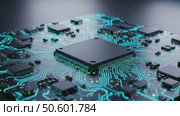 Circuit board with microchip and glowing lines in dark background. Стоковое AI-видео, аниматор KATERINA AI / Фотобанк Лори