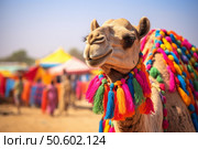 Decorated camel posing at pushkar fair in rajasthan, india. Стоковое AI-изображение, AI-художник Иван Рябоконь / Фотобанк Лори