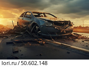 Destroyed car crash aftermath during sunset on asphalt road. Стоковое AI-изображение, AI-художник Иван Рябоконь / Фотобанк Лори