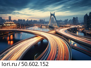 Stunning night view of illuminated highway interchanges and bridges in a vibrant cityscape. Стоковое AI-изображение, AI-художник Иван Рябоконь / Фотобанк Лори