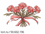 Bouquet of carnations tied with a pink ribbon celebrating mother's day. Стоковое AI-изображение, AI-художник Иван Рябоконь / Фотобанк Лори