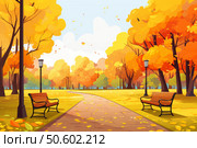 Empty benches inviting visitors to enjoy golden autumn colors in city park. Стоковое AI-изображение, AI-художник Иван Рябоконь / Фотобанк Лори