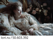 Atmospheric artistic portrait of a young woman in the Rococo style, lying on a richly decorated bed. Her outfit - a luxurious dress with lace, embroidery and floral elements - is made in light pastel colors. The image is complemented by earrings, a lace choker and an elegant hairstyle, typical of the 18th century aristocracy. Around - flowers, petals, elements of baroque furniture. The light is soft, diffused, creating a mood of sleep, dreams and romantic silence. Ideal for themes of historical fashion, painting, fairy tales, inspiration and femininity. Стоковое AI-изображение, AI-художник Анна Кривицкая / Фотобанк Лори