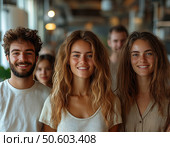 A group of young people standing in a modern office space are smiling and looking at the camera. Three are in the foreground - two girls and a guy with natural hairstyles and warm, friendly expressions. Other members of the group are blurred behind them, creating an atmosphere of team cohesion and positive communication. Natural lighting, warm colors and informal clothes emphasize openness, friendliness and modern values ​​of communication. Стоковое AI-изображение, AI-художник Анна Кривицкая / Фотобанк Лори