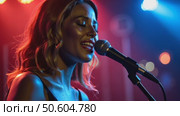 A woman sings in karaoke. Vocal lessons. Emotional performance of songs. A beautiful girl performs songs with a pair of jazz and ballads. Musical karaoke club. Стоковое AI-видео, аниматор Sergey Grishin / Фотобанк Лори