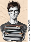 Студент с книгами. Графический рисунок на мятой бумаге. A student with books. A graphic drawing on crumpled paper. Стоковое AI-изображение, AI-художник Смирнова Светлана / Фотобанк Лори