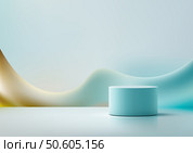 Modern 3d blue cylindrical podium on a glossy surface with a liquid abstract background in soft gold and green hues, perfect for product mockups, branding, and sleek presentations. Стоковая иллюстрация, агентство Ingram Publishing / Фотобанк Лори