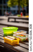 Colorful lunchboxes with wraps and veggies on outdoor picnic table. Стоковое AI-изображение, AI-художник Мария Фадеева / Фотобанк Лори