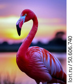 The Red Flamingo (Lat. Phoenicopterus ruber) is a species of bird from the flamingo family. The Red Flamingo is the largest and brightest representative of the family: the head, neck and chest are painted dark pink. The beak is also reddish-pink, with a black tip. Стоковое AI-изображение, AI-художник Сергей Елизарьев / Фотобанк Лори