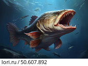 Giant prehistoric fish swimming in deep ocean with open mouth showing sharp teeth. Стоковое AI-изображение, AI-художник Иван Рябоконь / Фотобанк Лори