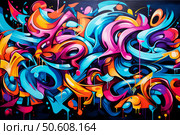 Vibrant graffiti art exploding with colorful dynamic shapes and dripping paint on a black background. Стоковое AI-изображение, AI-художник Иван Рябоконь / Фотобанк Лори