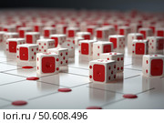 Many red and white dice lying on white surface with red dots representing randomness. Стоковое AI-изображение, AI-художник Иван Рябоконь / Фотобанк Лори