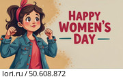 Happy Women's Day March 8! Poster with a girl showing her strength. Стоковое AI-видео, аниматор Sergey Grishin / Фотобанк Лори