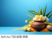 Traditional clay pot decorated with flowers and grains for pongal celebration. Стоковое AI-изображение, AI-художник Иван Рябоконь / Фотобанк Лори