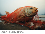 Dead fish trapped in orange net on polluted beach symbolizing environmental damage. Стоковое AI-изображение, AI-художник Иван Рябоконь / Фотобанк Лори