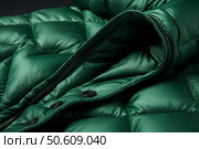 Close up of green winter jacket showing stitching and zipper details. Стоковое AI-изображение, AI-художник Иван Рябоконь / Фотобанк Лори
