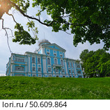 Voronzov Mansion (Novoznamenka Estate, St. Petersburg), blue-and-white Baroque palace by Trezzini and Rinaldi, summer view with green meadow. Стоковое фото, фотограф Елена  Попкова / Фотобанк Лори