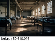 Rows of empty beds in abandoned hospital room with dramatic lighting. Стоковое AI-изображение, AI-художник Иван Рябоконь / Фотобанк Лори