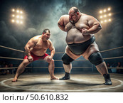 Overweight Wrestlers Prepare for a Match in a Smoke-Filled Ring. Generative AI. Стоковое AI-изображение, AI-художник Roman Zavorotny / Фотобанк Лори