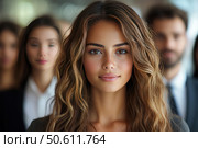 Portrait of a young confident woman with natural beauty and long wavy hair. She is standing in the foreground, looking straight into the camera with a slight smile. In the background are blurred silhouettes of a business team, symbolizing collective, leadership and support. The image is great for themes related to business, leadership, career growth, motivation and personal power. Стоковое AI-изображение, AI-художник Анна Кривицкая / Фотобанк Лори