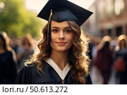 Portrait of smiling graduate wearing cap and gown on graduation day. Стоковое AI-изображение, AI-художник Иван Рябоконь / Фотобанк Лори