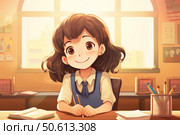 Smiling student writing in notebook at desk in classroom. Стоковое AI-изображение, AI-художник Иван Рябоконь / Фотобанк Лори