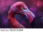 Pink flamingo posing on a purple galaxy background. Стоковое AI-изображение, AI-художник Иван Рябоконь / Фотобанк Лори