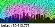 Vector wide city pixel glowing poster. Mosaic minimal cityscape. Silhouettes and shadows of modern buildings. Urban development. Neon bright illumination. Пиксельный городской пейзаж. Стоковая иллюстрация, иллюстратор GAlexS / Фотобанк Лори
