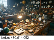 A cluttered artisan's workshop, where a clockmaker delicately restores a 19th-century timepiece. Antique tools and intricate designs reflect traditional craftsmanship in horology. Стоковое AI-изображение, AI-художник Nart / Фотобанк Лори