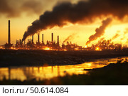 A colossal steel refinery with glowing molten metal furnaces emits massive plumes of smoke. This industrial landscape showcases a dramatic scene of metal production and pollution. Стоковое AI-изображение, AI-художник Nart / Фотобанк Лори