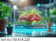 A close-up captures lab-grown meat inside a glowing bioreactor. The nutrient gel illuminates in soft green and blue, highlighting advances in biotechnology and sustainable protein development. Стоковое AI-изображение, AI-художник Nart / Фотобанк Лори