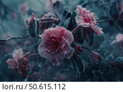 Frozen pink flowers resisting winter's icy grip. Стоковое AI-изображение, AI-художник Иван Рябоконь / Фотобанк Лори