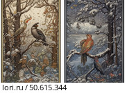 A fairytale illustration in the spirit of a classic engraving, divided into two parts. The left scene depicts an autumn forest with birds sitting on branches - in a brown-gold palette with remnants of snow. The right part is a winter landscape with two brightly colored birds against the background of a snowy forest and a lake, under the evening sky. Both compositions are rich in decorative details: pine cones, pine needles, snowflakes, clouds and leaves. The illustration conveys the mood of the changing seasons and is ideal for decorating fairy tales, children's books, calendars and nature projects. Стоковое AI-изображение, AI-художник Анна Кривицкая / Фотобанк Лори
