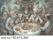A fantastic fantasy illustration depicting a festive feast at a round table. Around the table are gathered wise and colorful characters in fairy-tale clothes: elders, wizards, alchemists and military leaders. Richly decorated decoration, intricate details and rich composition create the atmosphere of an ancient mythical council or a magical feast. The illustration is done in soft pastel colors with finely drawn faces and costumes, which makes it ideal for book design, board games or fantasy projects. Стоковое AI-изображение, AI-художник Анна Кривицкая / Фотобанк Лори