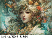 Fantasy portrait of a beautiful woman in a richly decorated dress and crown strewn with precious stones. Her hair is decorated with flowers, golden feathers and magical elements, creating the image of a mysterious goddess or fairy. The painting is made in the style of digital art with high detail, soft light palette and a fairy-tale atmosphere. The image is ideal for use in illustrations for fantasy, fairy tales, myths, books and postcards. Стоковое AI-изображение, AI-художник Анна Кривицкая / Фотобанк Лори